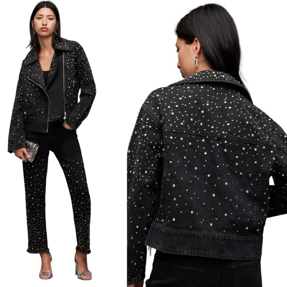 Allsaints Eve Studded Denim Biker Jacket in Washed Black Size 12 - Picture 2 of 11
